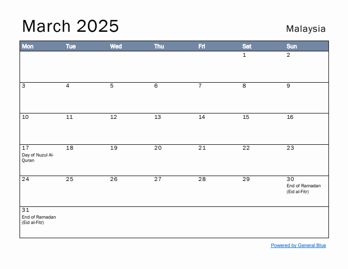 March 2025 Simple Monthly Calendar for Malaysia