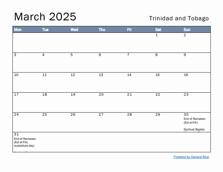 March 2025 Simple Monthly Calendar for Trinidad and Tobago