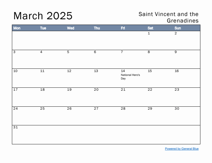 March 2025 Simple Monthly Calendar for Saint Vincent and the Grenadines