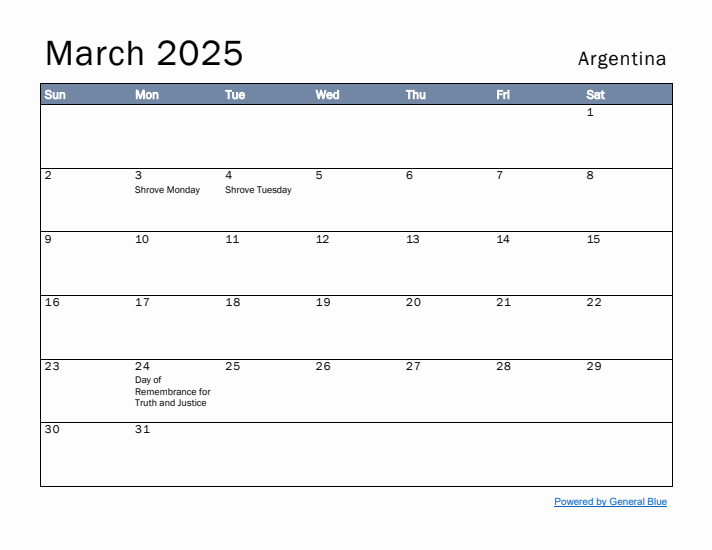 March 2025 Simple Monthly Calendar for Argentina