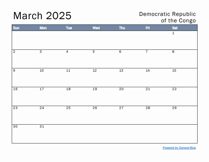March 2025 Simple Monthly Calendar for Democratic Republic of the Congo