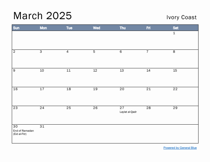 March 2025 Simple Monthly Calendar for Ivory Coast
