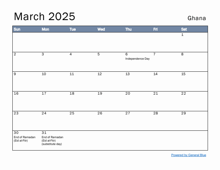 March 2025 Simple Monthly Calendar for Ghana