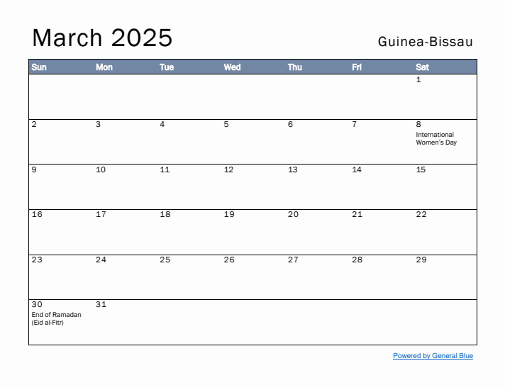 March 2025 Simple Monthly Calendar for Guinea-Bissau