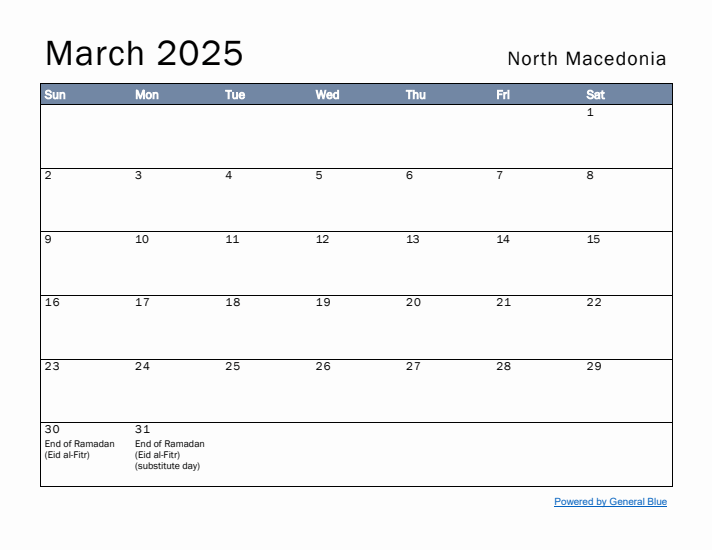 March 2025 Simple Monthly Calendar for North Macedonia