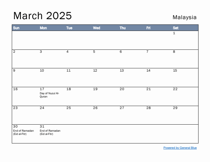 March 2025 Simple Monthly Calendar for Malaysia
