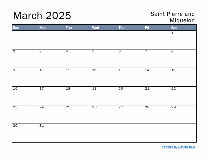 March 2025 Simple Monthly Calendar for Saint Pierre and Miquelon