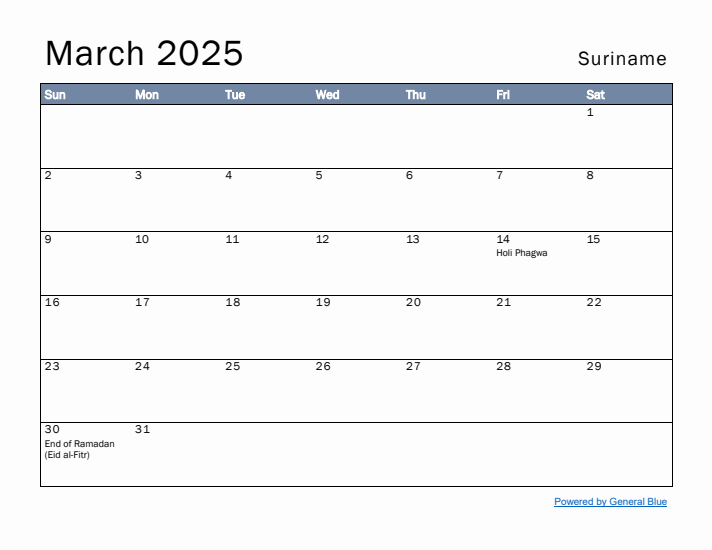 March 2025 Simple Monthly Calendar for Suriname