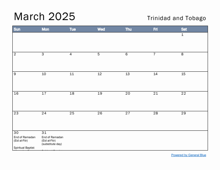 March 2025 Simple Monthly Calendar for Trinidad and Tobago