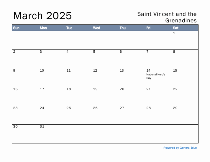 March 2025 Simple Monthly Calendar for Saint Vincent and the Grenadines