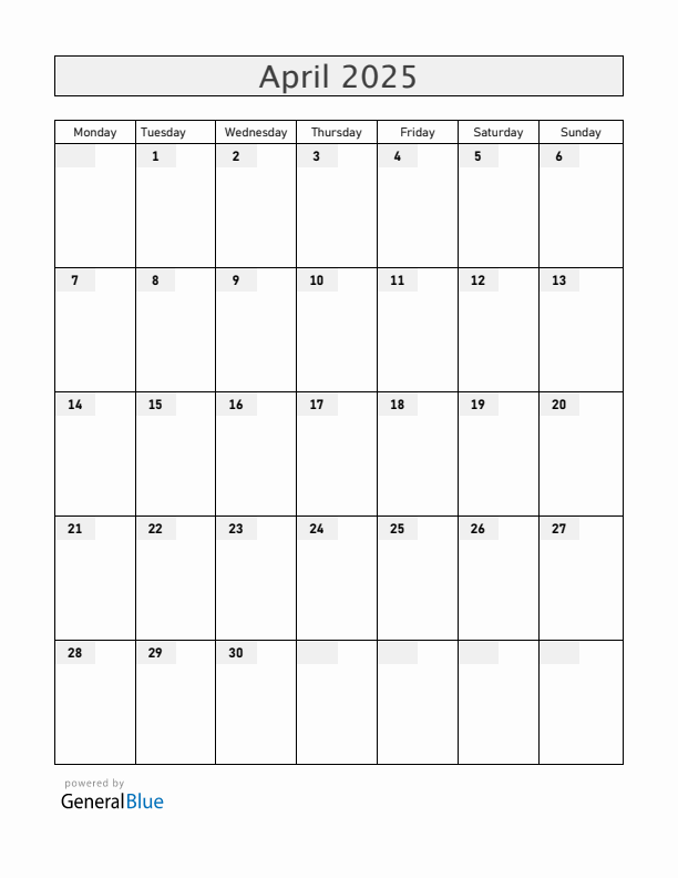 Blank April 2025 Calendar