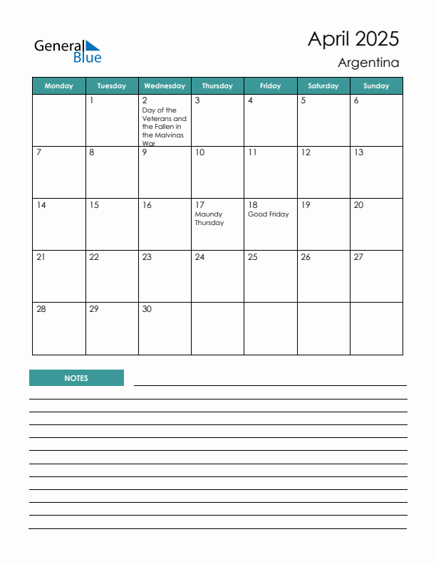 Calendar with Notes Printable - Monday Start