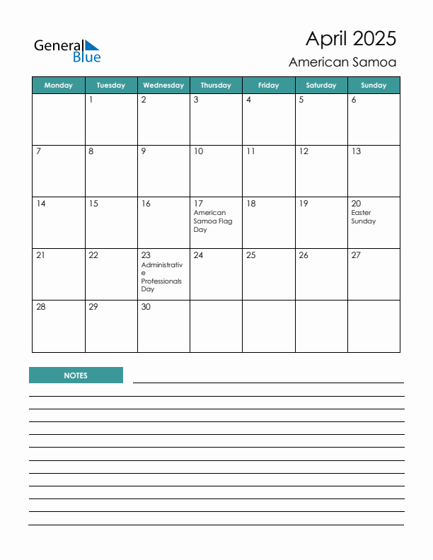Calendar with Notes Printable - Monday Start