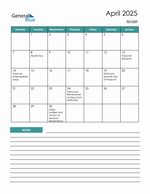 Calendar with Notes Printable - Monday Start