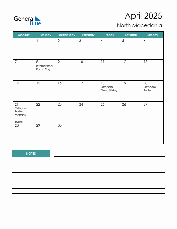 Calendar with Notes Printable - Monday Start