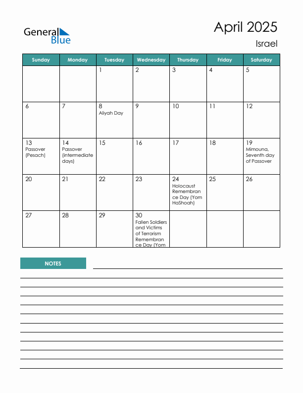 Calendar with Notes Printable - Sunday Start