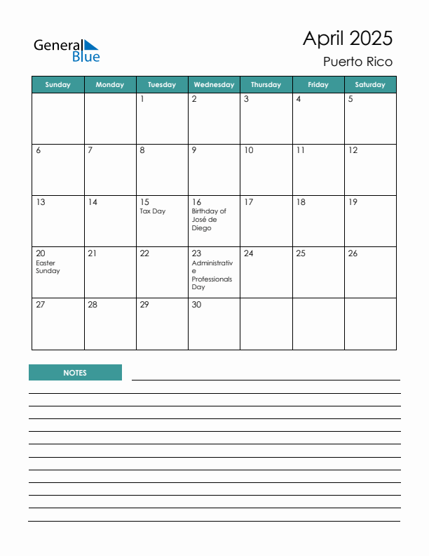 Calendar with Notes Printable - Sunday Start
