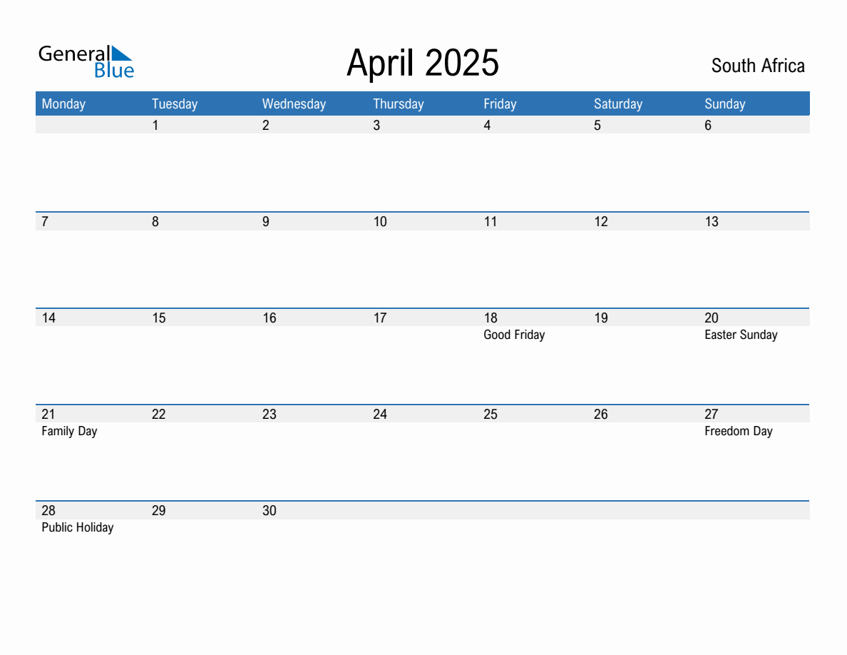 Editable April 2025 Calendar with South Africa Holidays (Monday Start)