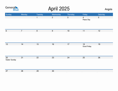 Current month calendar with Angola holidays for April 2025