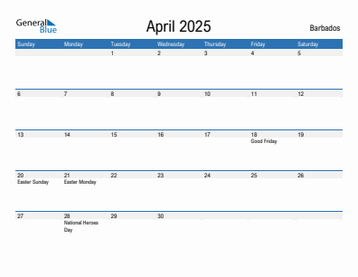 Current month calendar with Barbados holidays for April 2025