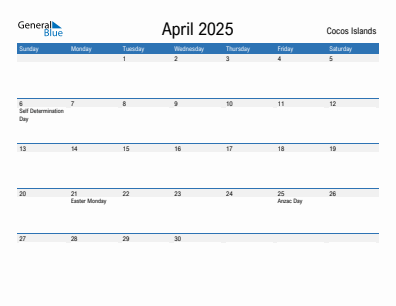 Current month calendar with Cocos Islands holidays for April 2025