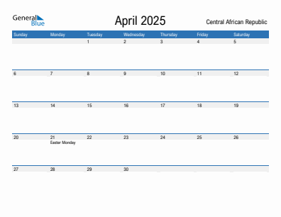 Current month calendar with Central African Republic holidays for April 2025