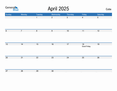 Current month calendar with Cuba holidays for April 2025