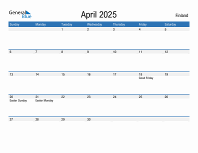 Current month calendar with Finland holidays for April 2025
