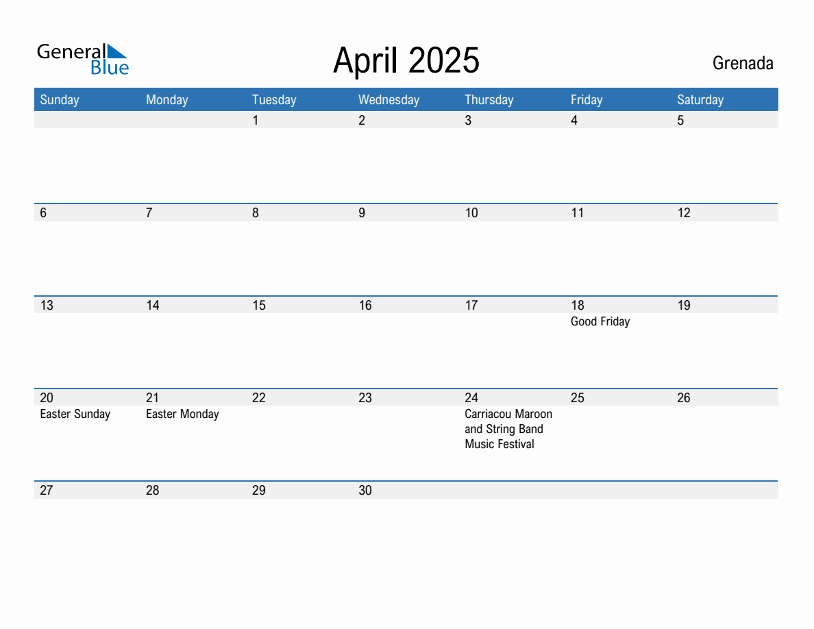 Editable April 2025 Calendar with Grenada Holidays