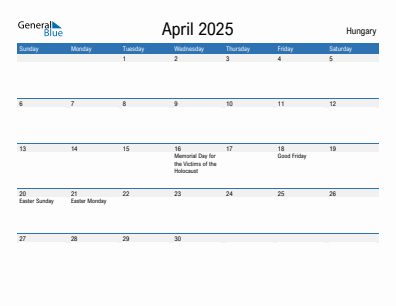 Current month calendar with Hungary holidays for April 2025