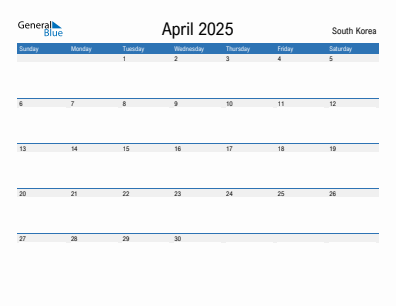 Current month calendar with South Korea holidays for April 2025
