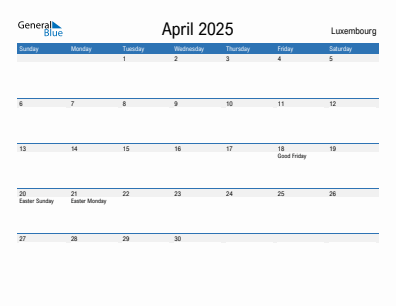 Current month calendar with Luxembourg holidays for April 2025