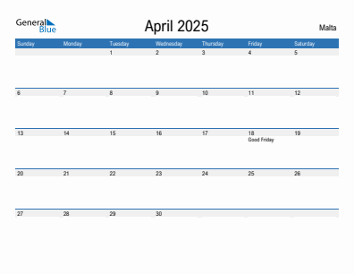 Current month calendar with Malta holidays for April 2025