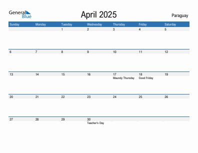 Current month calendar with Paraguay holidays for April 2025
