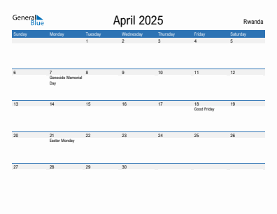 Current month calendar with Rwanda holidays for April 2025
