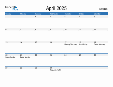 Current month calendar with Sweden holidays for April 2025