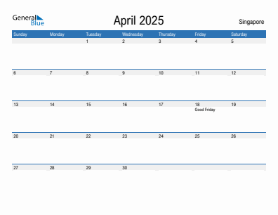 Current month calendar with Singapore holidays for April 2025