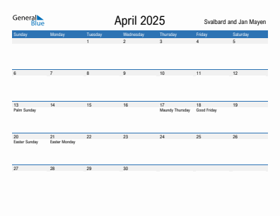 Current month calendar with Svalbard and Jan Mayen holidays for April 2025
