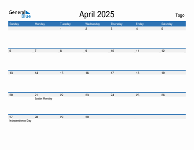Current month calendar with Togo holidays for April 2025