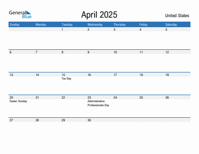 Current month calendar with United States holidays for April 2025
