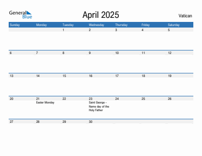 Current month calendar with Vatican holidays for April 2025