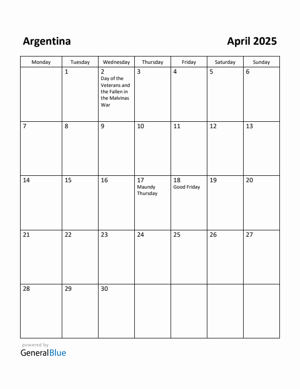 April 2025 Calendar with Argentina Holidays