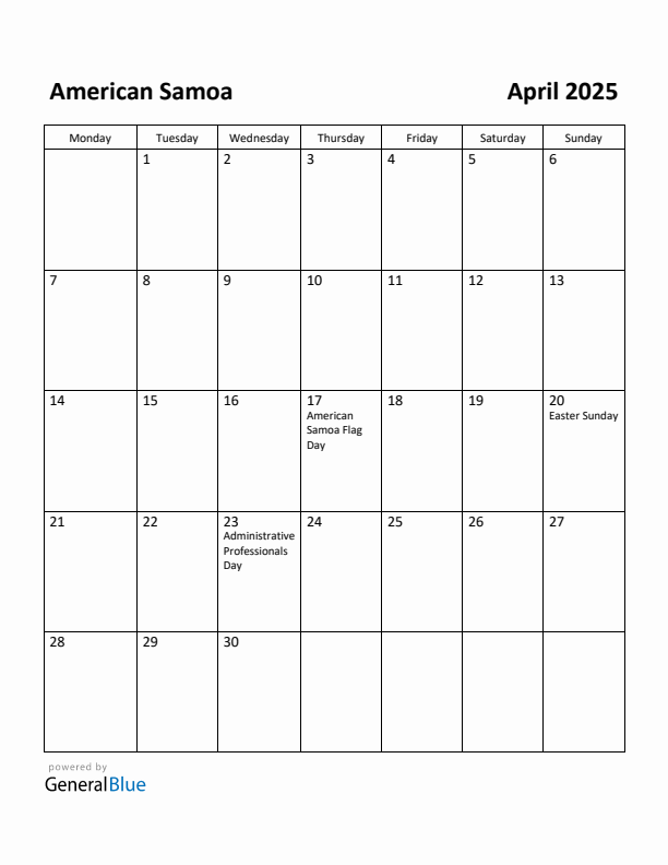 April 2025 Calendar with American Samoa Holidays