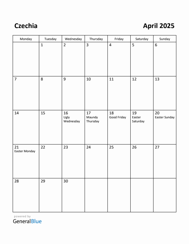 April 2025 Calendar with Czechia Holidays