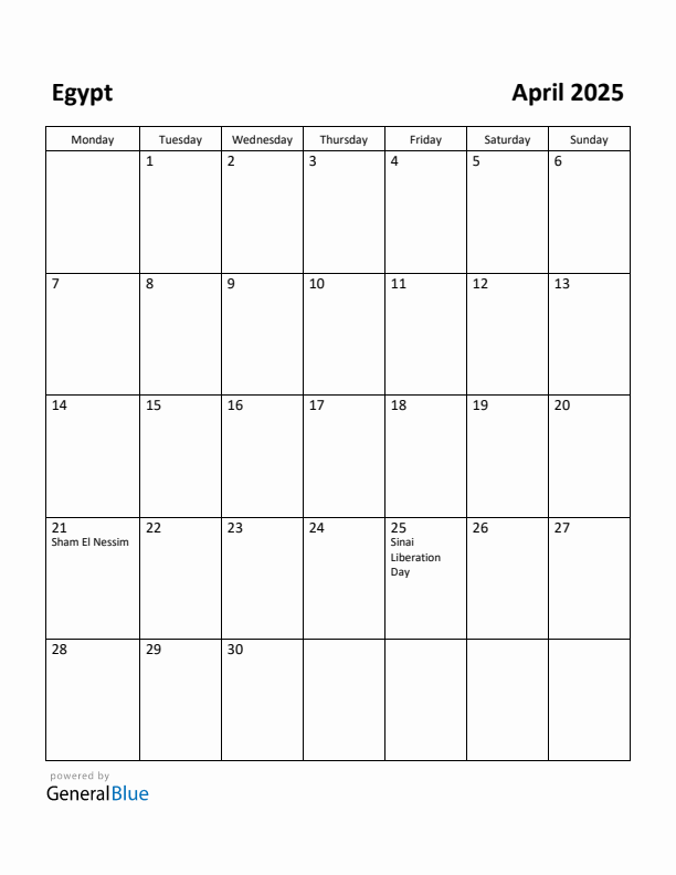 April 2025 Calendar with Egypt Holidays