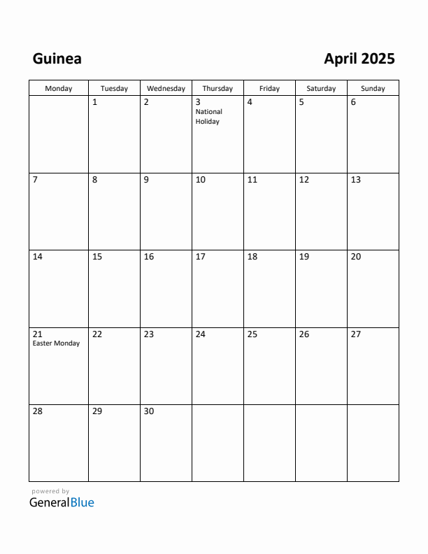 April 2025 Calendar with Guinea Holidays