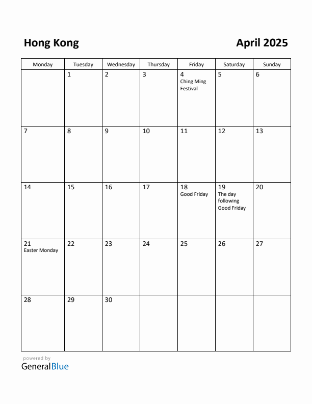 April 2025 Calendar with Hong Kong Holidays