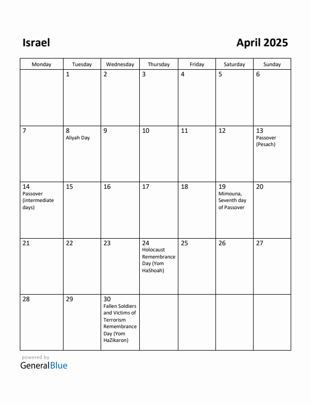 April 2025 Calendar with Israel Holidays