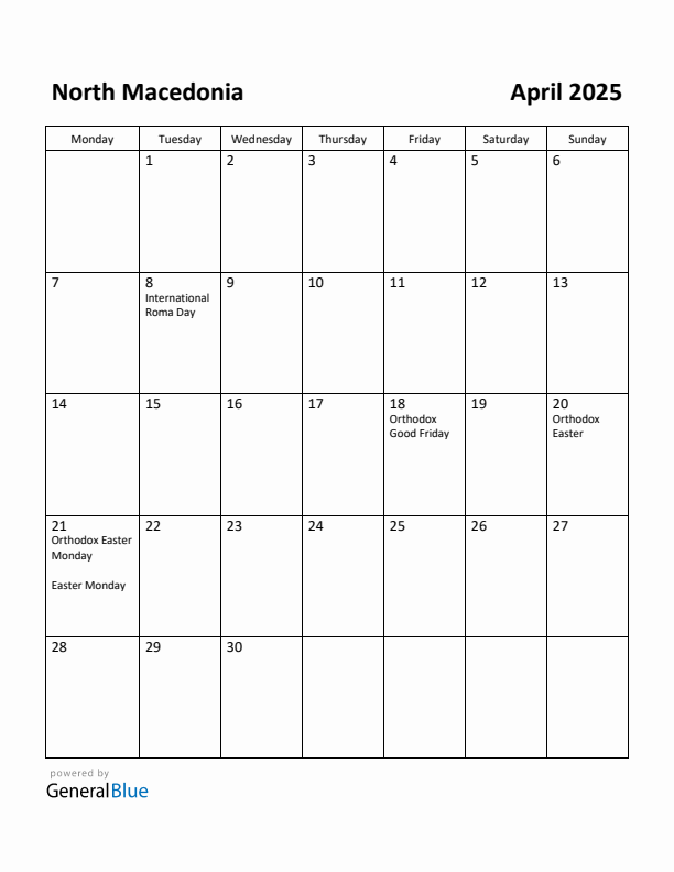 April 2025 Calendar with North Macedonia Holidays