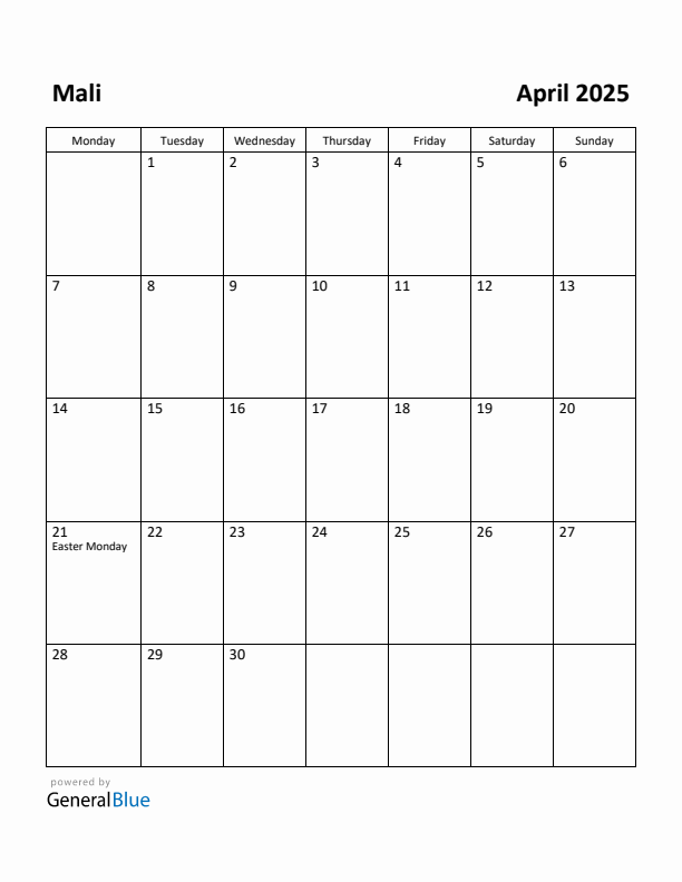 April 2025 Calendar with Mali Holidays